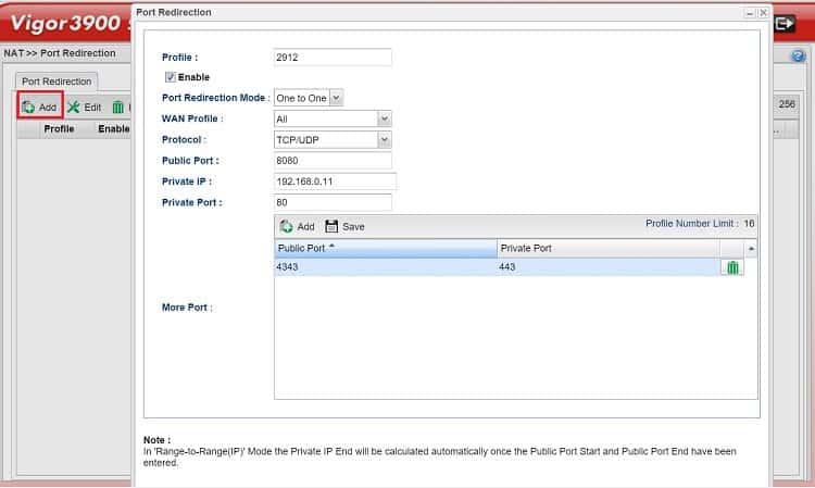 a screenshot of port redirection settings on Vigor3900